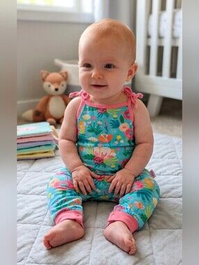 Ruffle Butts Baby Girl Floral Jumpsuit Romper 3-6 Months Aqua Pink